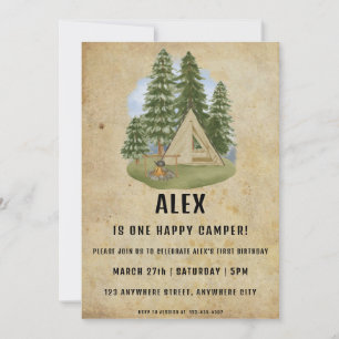 Eén Happy Camper First Birthday Party-uitnodiging Kaart