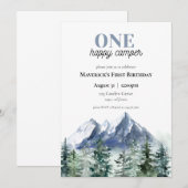 Eén Happy Camper First Birthday-uitnodiging Kaart (Voorkant / Achterkant)