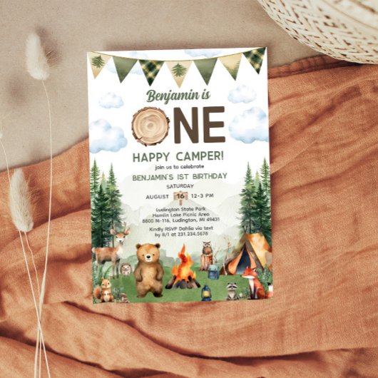 Eén Happy Camper First Birthday-uitnodiging Kaart