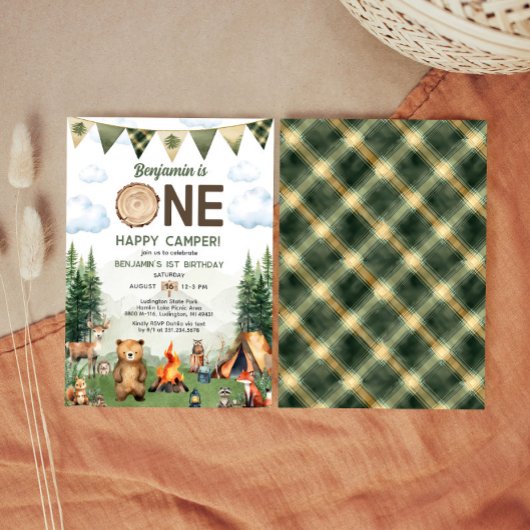 Eén Happy Camper First Birthday-uitnodiging Kaart