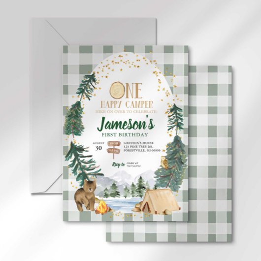 Eén Happy Camper First Birthday-uitnodiging Kaart