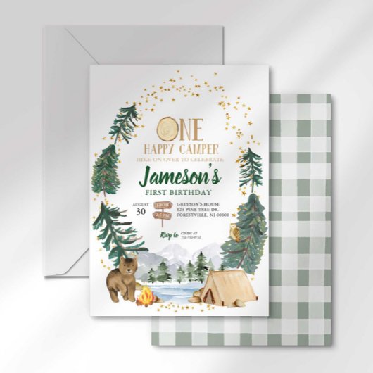 Eén Happy Camper First Birthday-uitnodiging Kaart