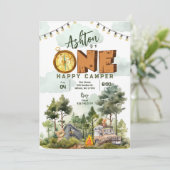 Eén Happy Camper First Birthday-uitnodiging Kaart (Staand voorkant)