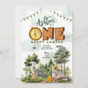 Eén Happy Camper First Birthday-uitnodiging Kaart