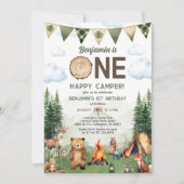 Eén Happy Camper First Birthday-uitnodiging Kaart (Voorkant)