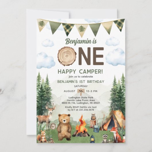Eén Happy Camper First Birthday-uitnodiging Kaart (Voorkant)