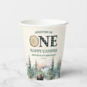 EEN Happy Camper Groen Beer 1e Verjaardagsfeest Papieren Bekers (Achterkant)