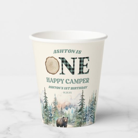 EEN Happy Camper Groen Beer 1e Verjaardagsfeest Papieren Bekers (Voorkant)