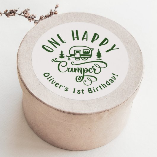 Een Happy Camper groene minimalist 1e verjaardag Ronde Sticker
