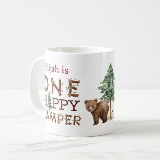 Een Happy Camper Keepsake Mok voor Verjaardag of B (Voorkant links)