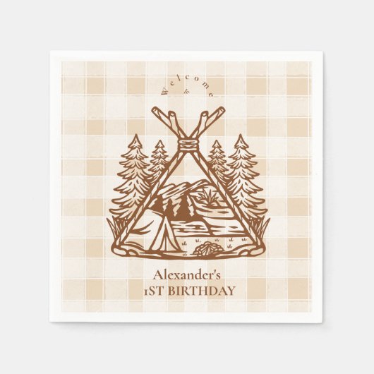 Een Happy Camper Mountain Forest 1e verjaardag Servet (Voorkant)