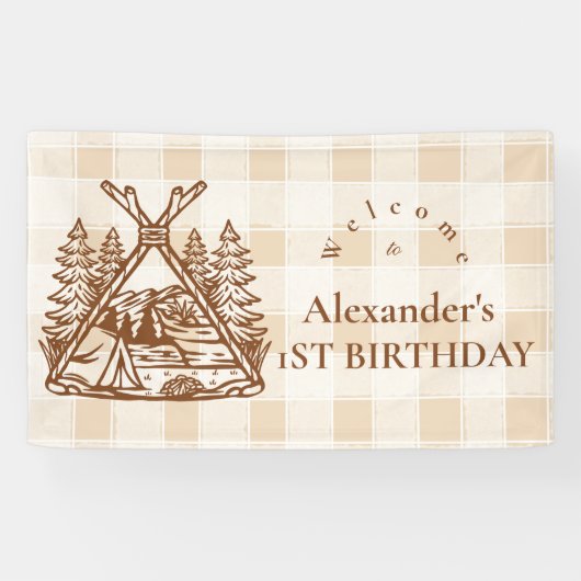 Een Happy Camper Mountain Forest 1e verjaardag Spandoek (Horizontaal)