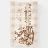 Een Happy Camper Mountain Forest 1e verjaardag Spandoek (Verticaal)