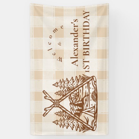 Een Happy Camper Mountain Forest 1e verjaardag Spandoek (Verticaal)