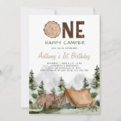 Eén Happy Camper Mountain Forest Beer 1st Birthday Kaart (Voorkant)