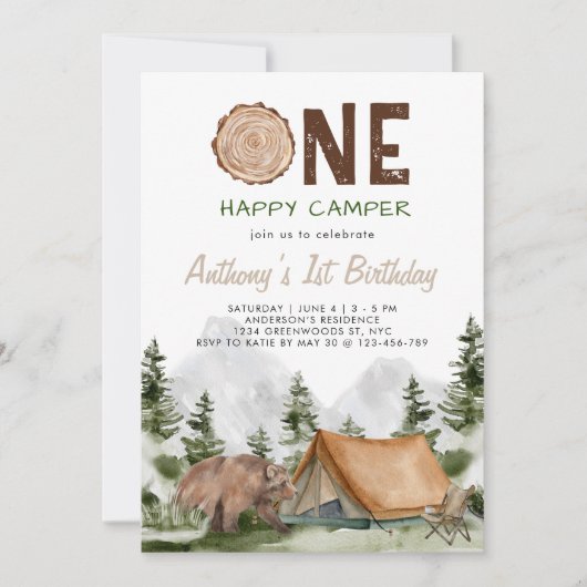 Eén Happy Camper Mountain Forest Beer 1st Birthday Kaart (Voorkant)