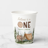 Eén Happy Camper Mountain Forest Beer 1st Birthday Papieren Bekers (Achterkant)
