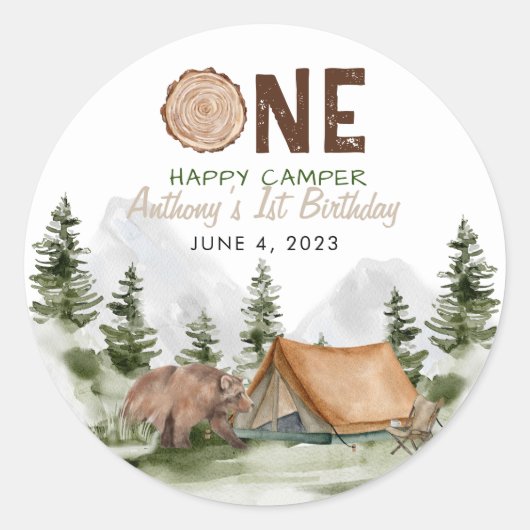 Eén Happy Camper Mountain Forest Beer 1st Birthday Ronde Sticker (Voorkant)