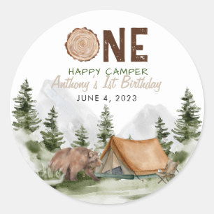 Eén Happy Camper Mountain Forest Beer 1st Birthday Ronde Sticker