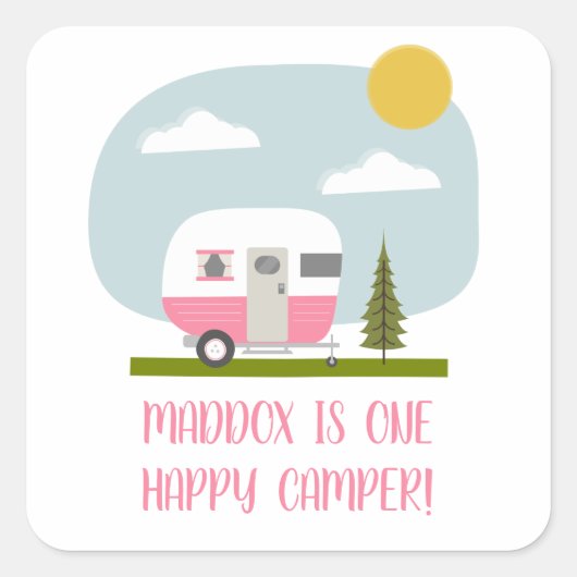 Een Happy Camper Pink Trailer Birthday Vierkante Sticker (Voorkant)