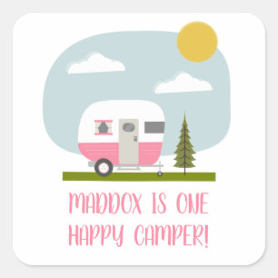 Een Happy Camper Pink Trailer Birthday Vierkante Sticker