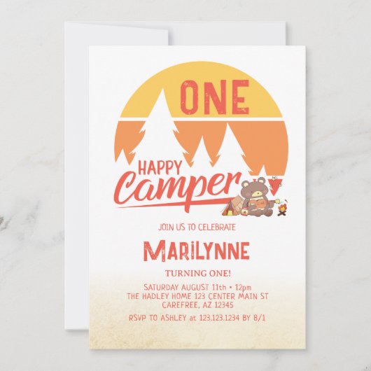 Eén Happy Camper Retro 1st Birthday Kaart (Voorkant)