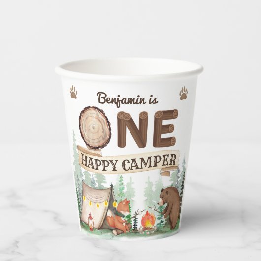 Een Happy Camper Rustieke Verjaardag Paper Cups Papieren Bekers (Voorkant)