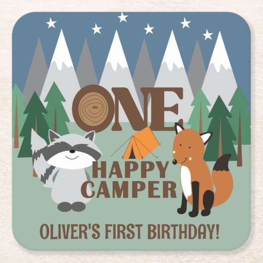 Een Happy Camper Schattige Woodland Animals Favor Kartonnen Onderzetters (Voorkant)