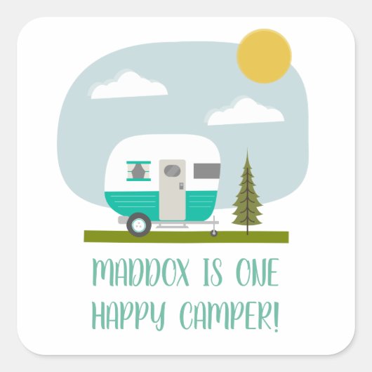 Een Happy Camper Turquoise Trailer Birthday Napkin Vierkante Sticker (Voorkant)