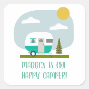 Een Happy Camper Turquoise Trailer Birthday Napkin Vierkante Sticker