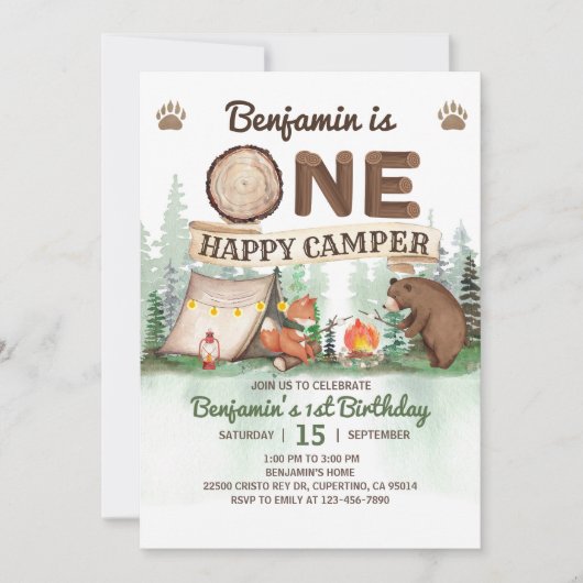 Een Happy Camper Verjaardag Camping Uitnodiging (Voorkant)