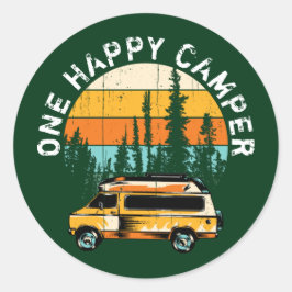 Een Happy Camper Vintage Sunset w Camper & Trees Ronde Sticker