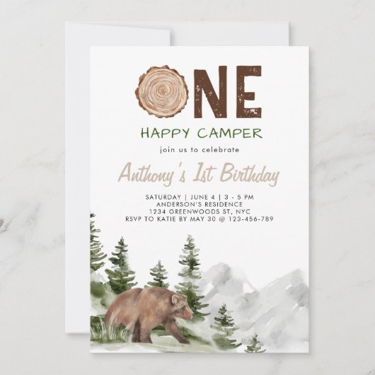 Eén Happy Camper Waterverf Beer 1st Birthday Boy Kaart (Voorkant)