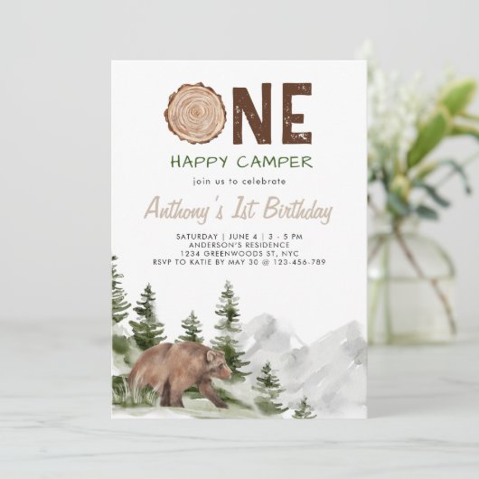 Eén Happy Camper Waterverf Beer 1st Birthday Boy Kaart (Staand voorkant)