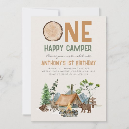 Eén Happy Camper Waterverf Woodland 1e verjaardag Kaart (Voorkant)