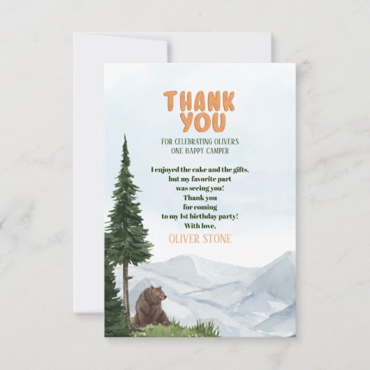 Eén Happy Camper Wood Boys 1e verjaardag Bedankkaart (Voorkant)