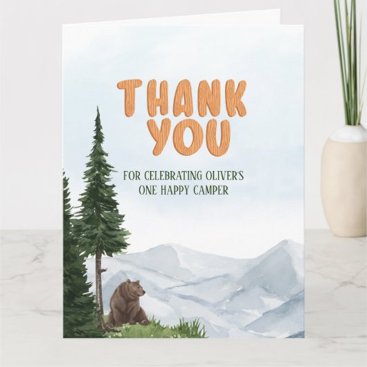 Eén Happy Camper Wood Boys 1e verjaardag Bedankkaart (Voorkant)