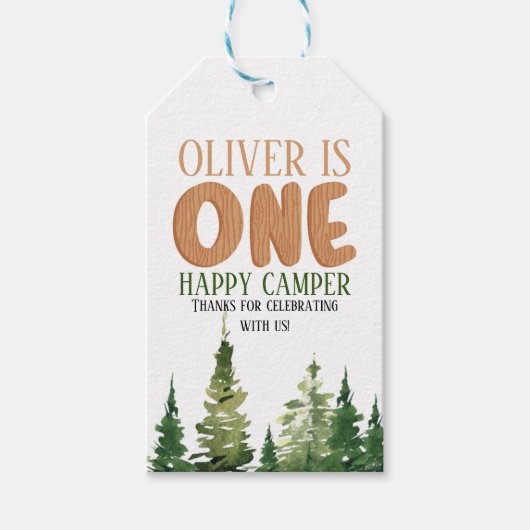 Eén Happy Camper Wood Boys 1e verjaardag Cadeaulabel (Voorkant)