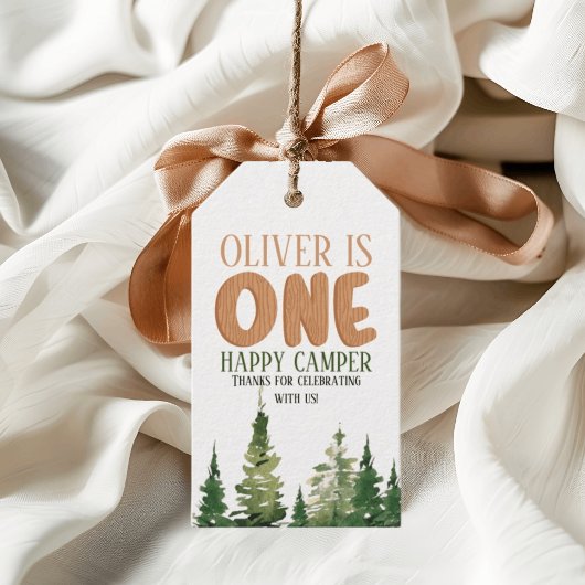 Eén Happy Camper Wood Boys 1e verjaardag Cadeaulabel