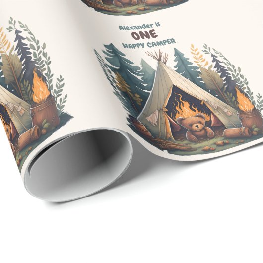 Eén Happy Camper Wood Boys 1e verjaardag Cadeaupapier (Rol Hoek)