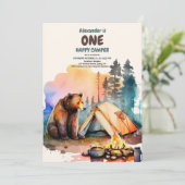 Eén Happy Camper Wood Boys 1e verjaardag Kaart (Staand voorkant)