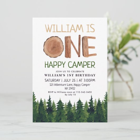 Eén Happy Camper Wood Boys 1e verjaardag Kaart (Staand voorkant)