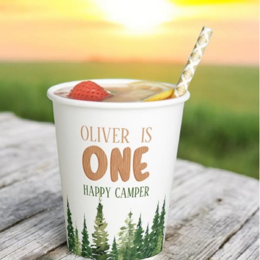 Eén Happy Camper Wood Boys 1e verjaardag Papieren Bekers
