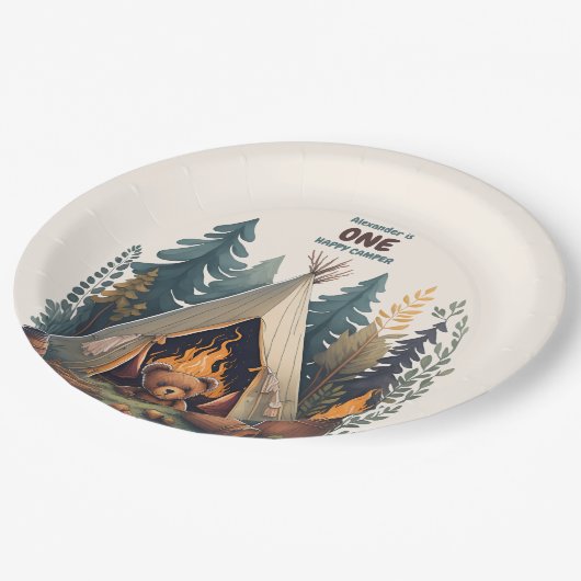 Eén Happy Camper Wood Boys 1e verjaardag Papieren Bordje (Gekanteld)