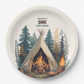 Eén Happy Camper Wood Boys 1e verjaardag Papieren Bordje (Voorkant)