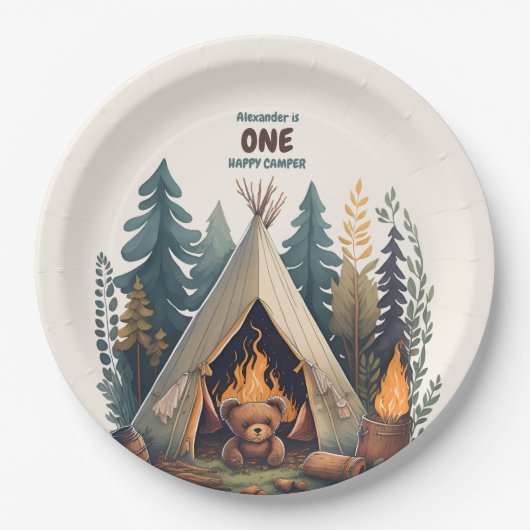 Eén Happy Camper Wood Boys 1e verjaardag Papieren Bordje (Voorkant)