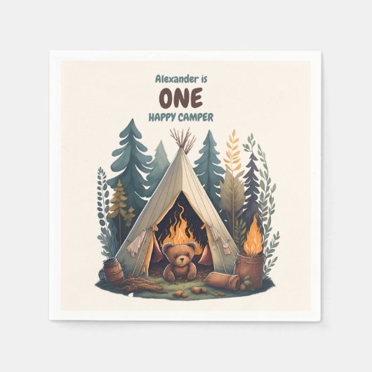 Eén Happy Camper Wood Boys 1e verjaardag Servet (Voorkant)