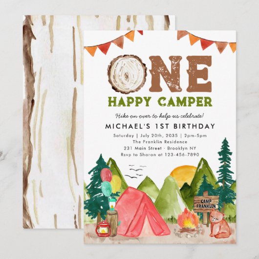 Eén Happy Camper Woodland Beer Boys 1e verjaardag Kaart (Voorkant / Achterkant)