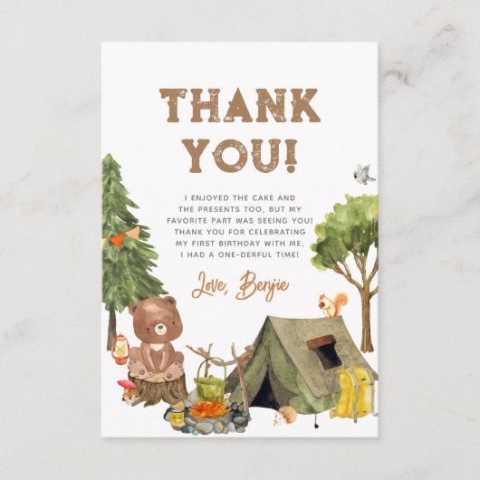 Een Happy Camper Woodland Boy 1e Verjaardagsfeest Bedankkaart (Voorkant)
