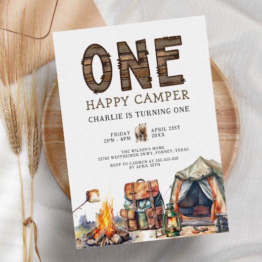 Een Happy Camper Woodland Camping 1e Verjaardag Kaart